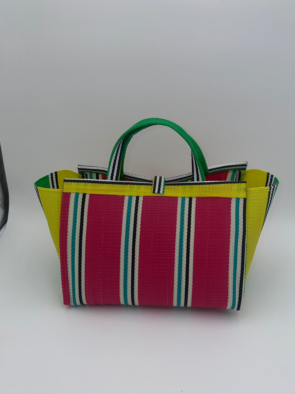 Candy Large handwoven tote bag by SCRUBIES in Yellow,Pink,White with Stripes design and Leaf accent pattern