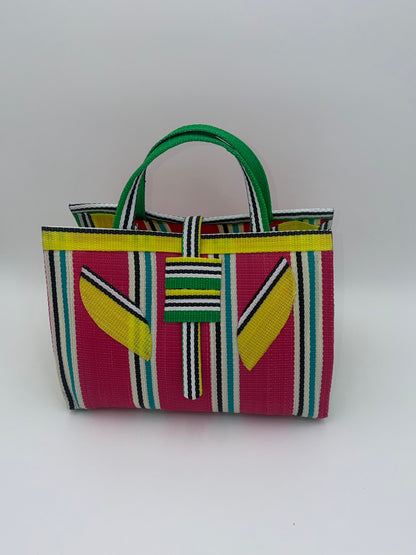 Candy Large handwoven tote bag by SCRUBIES in Yellow,Pink,White with Stripes design and Leaf accent pattern