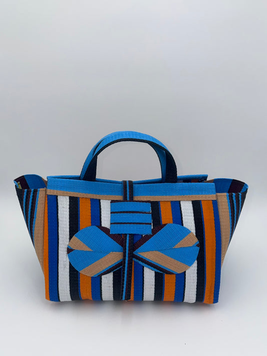 Sunshine Large handwoven tote bag by SCRUBIES in Blue,White,Orange,Black with Stripes design and Bow accent pattern