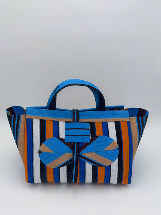 Sunshine Large handwoven tote bag by SCRUBIES in Blue,White,Orange,Black with Stripes design and Bow accent pattern