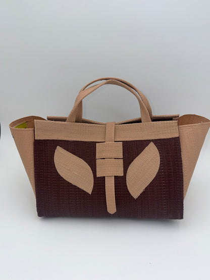 Chocolate Large handwoven tote bag by SCRUBIES in Brown,Beige with Solid design and Leaf accent pattern