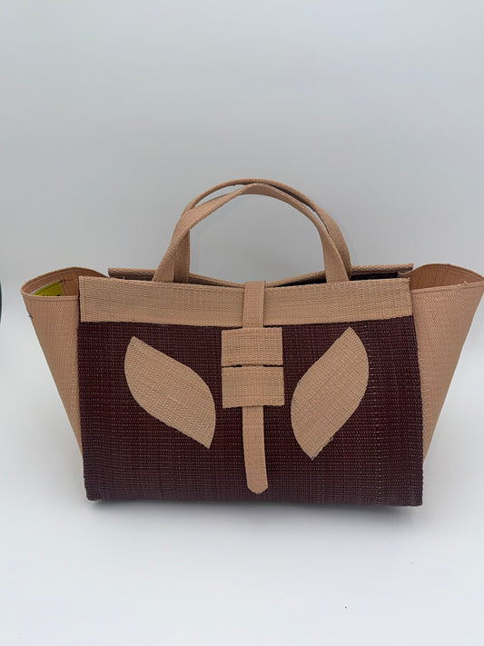 Chocolate Large handwoven tote bag by SCRUBIES in Brown,Beige with Solid design and Leaf accent pattern