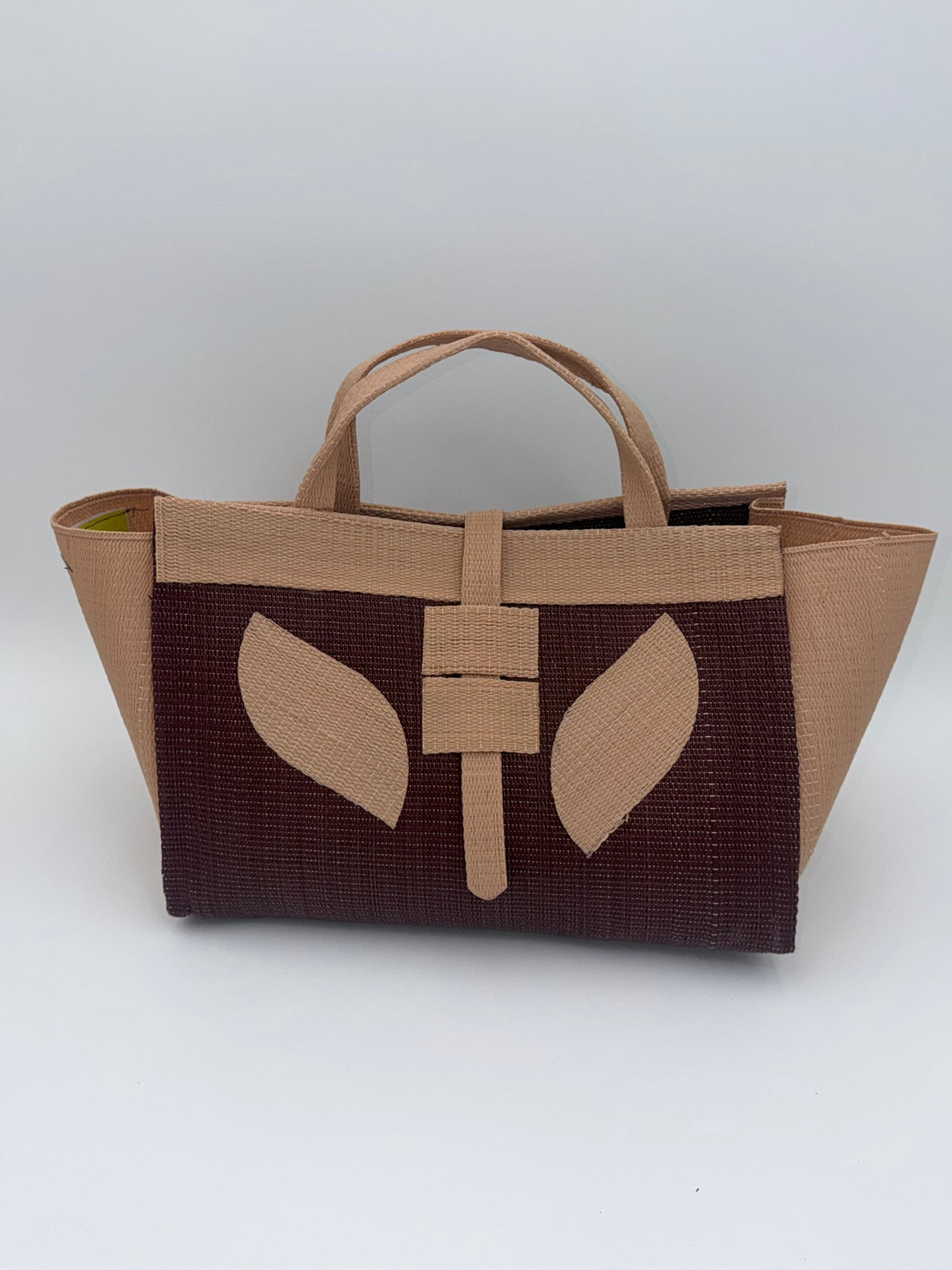 Chocolate Large handwoven tote bag by SCRUBIES in Brown,Beige with Solid design and Leaf accent pattern