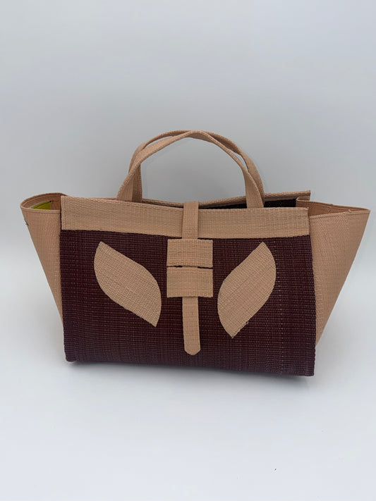 Chocolate Large handwoven tote bag by SCRUBIES in Brown,Beige with Solid design and Leaf accent pattern