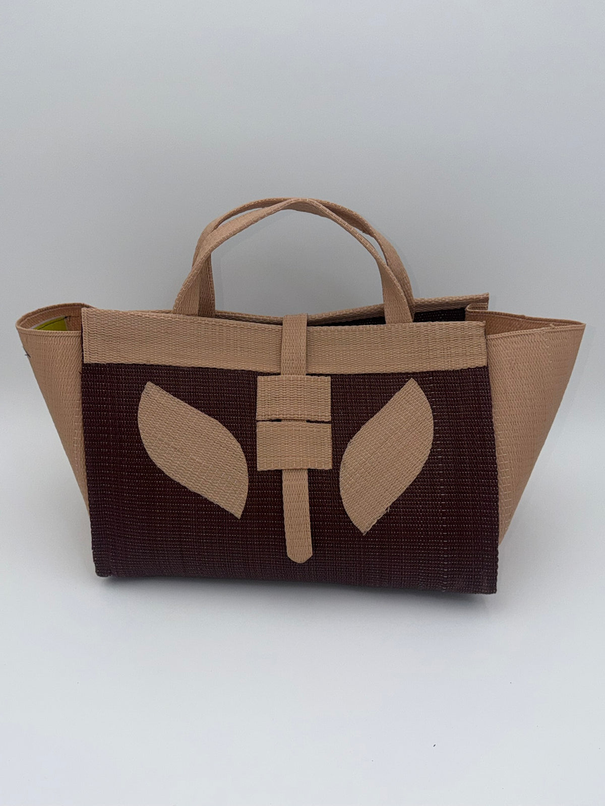 Chocolate Large handwoven tote bag by SCRUBIES in Brown,Beige with Solid design and Leaf accent pattern