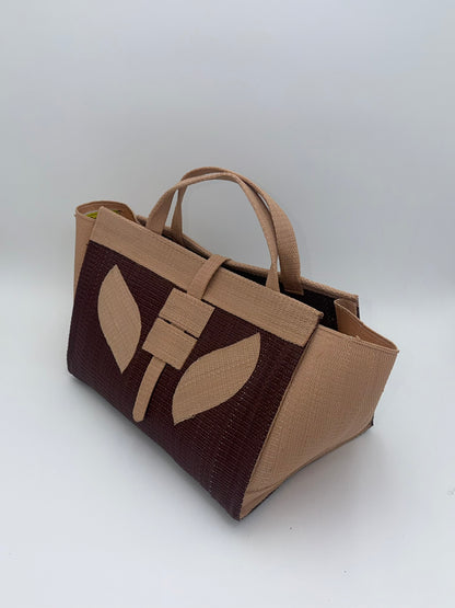 Chocolate Large handwoven tote bag by SCRUBIES in Brown,Beige with Solid design and Leaf accent pattern