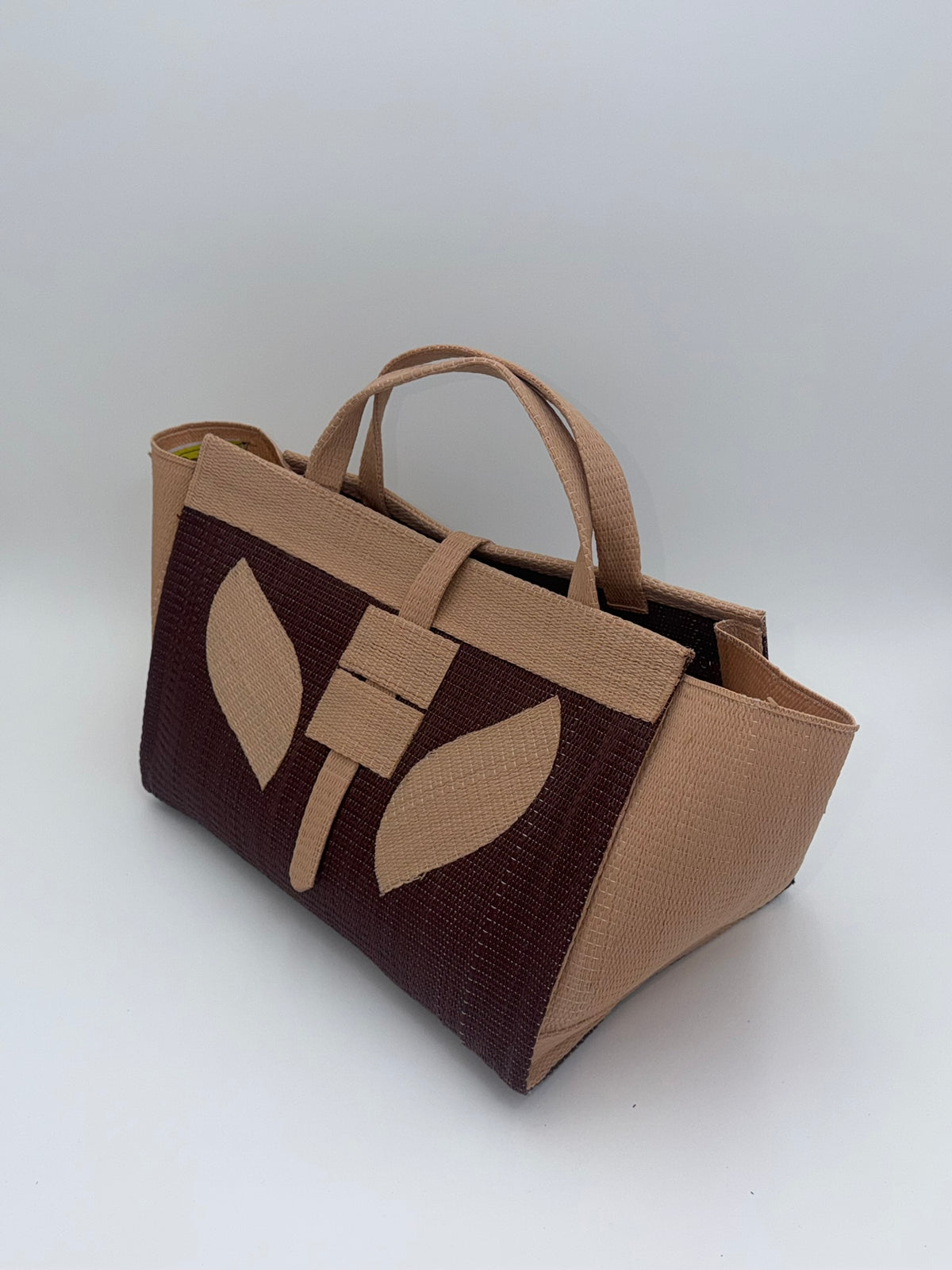 Chocolate Large handwoven tote bag by SCRUBIES in Brown,Beige with Solid design and Leaf accent pattern