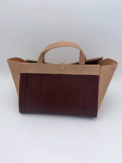 Chocolate Large handwoven tote bag by SCRUBIES in Brown,Beige with Solid design and Leaf accent pattern