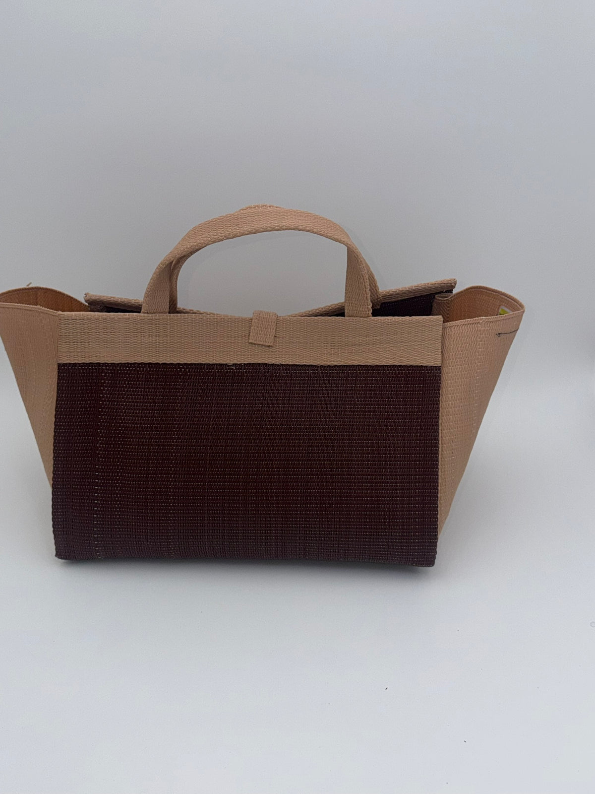 Chocolate Large handwoven tote bag by SCRUBIES in Brown,Beige with Solid design and Leaf accent pattern