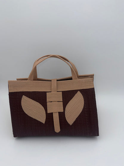 Chocolate Large handwoven tote bag by SCRUBIES in Brown,Beige with Solid design and Leaf accent pattern