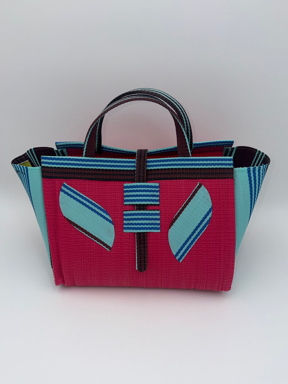 Candy Large handwoven tote bag by SCRUBIES in Pink,Teal,Brown with Solid design and Leaf accent pattern