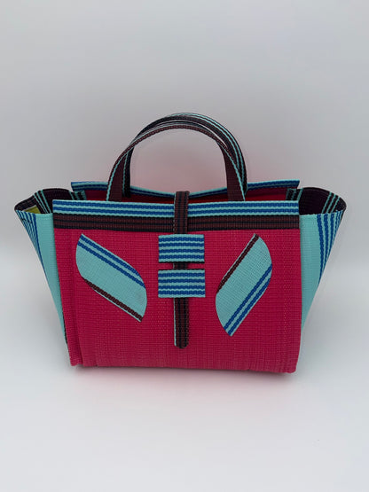 Candy Large handwoven tote bag by SCRUBIES in Pink,Teal,Brown with Solid design and Leaf accent pattern