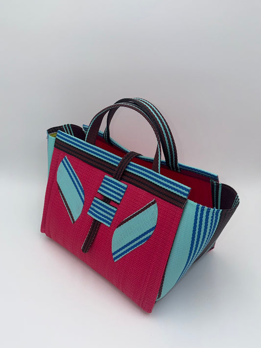 Candy Large handwoven tote bag by SCRUBIES in Pink,Teal,Brown with Solid design and Leaf accent pattern