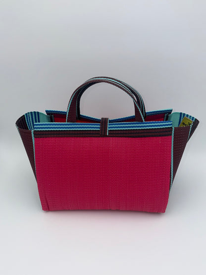 Candy Large handwoven tote bag by SCRUBIES in Pink,Teal,Brown with Solid design and Leaf accent pattern