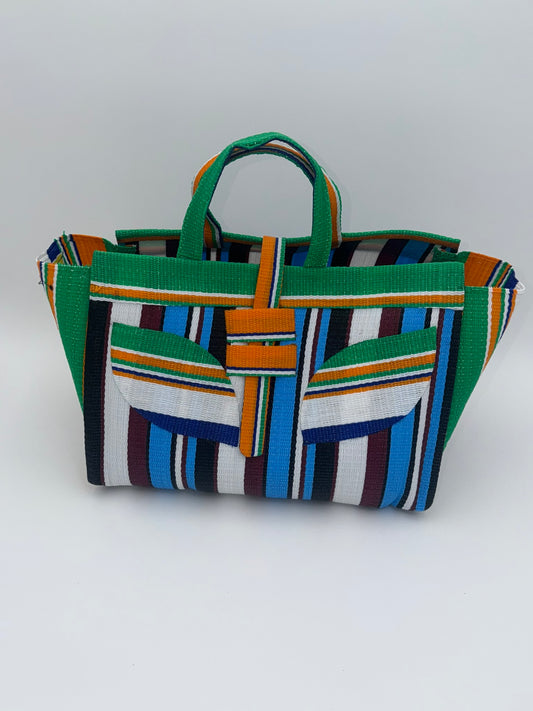 Boho Large handwoven tote bag by SCRUBIES in Green,Blue,White,Orange with Stripes design and Leaf accent pattern