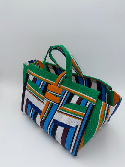 Boho Large handwoven tote bag by SCRUBIES in Green,Blue,White,Orange with Stripes design and Leaf accent pattern