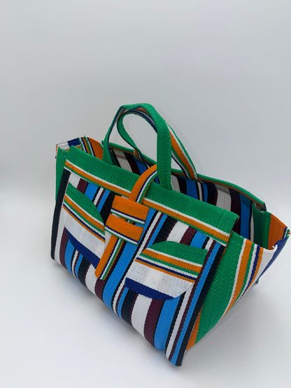 Boho Large handwoven tote bag by SCRUBIES in Green,Blue,White,Orange with Stripes design and Leaf accent pattern
