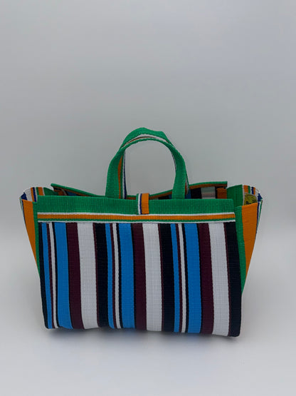 Boho Large handwoven tote bag by SCRUBIES in Green,Blue,White,Orange with Stripes design and Leaf accent pattern