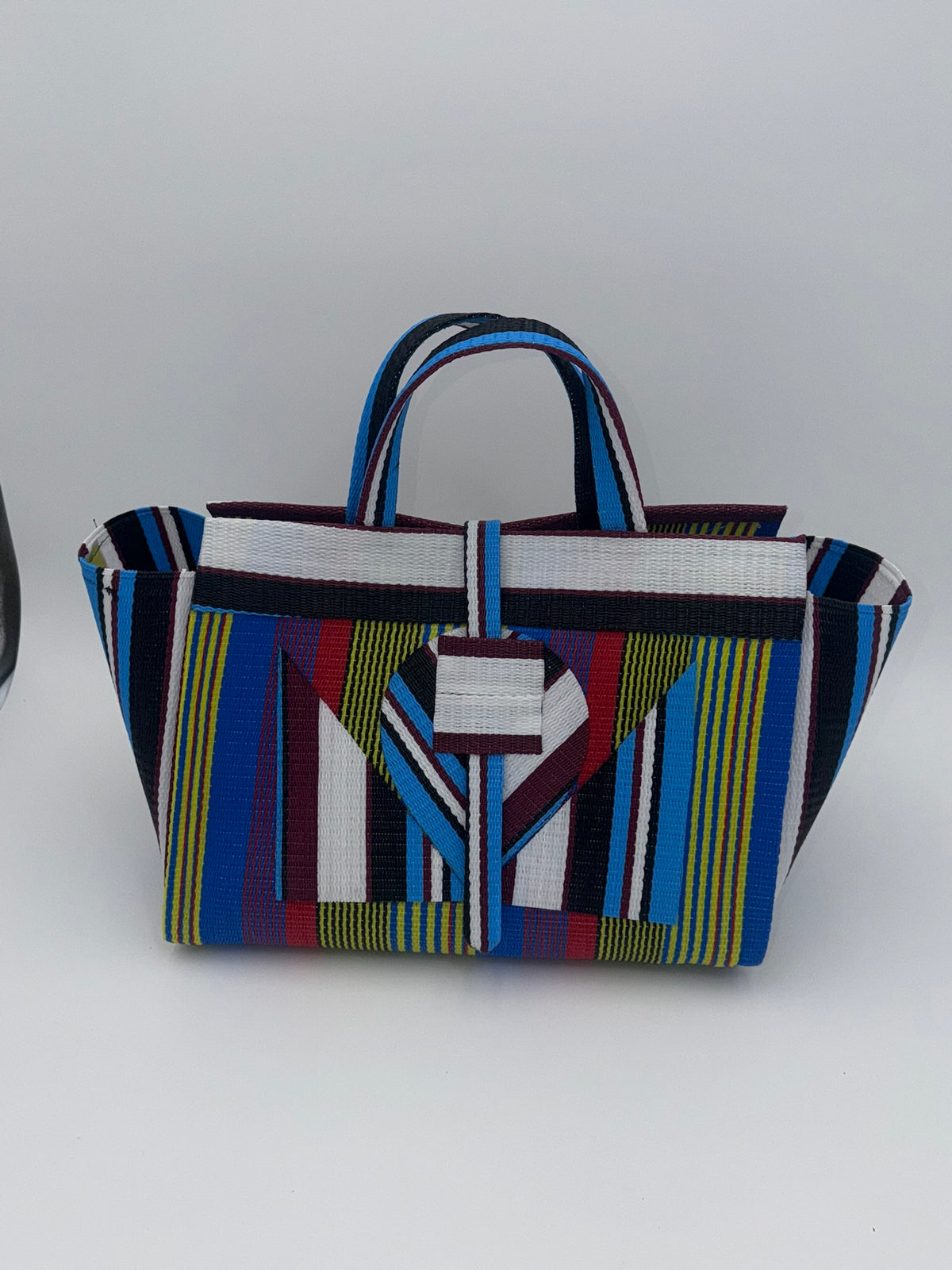 Africana Large handwoven tote bag by SCRUBIES in White,Blue,Yellow,Red with Stripes design and Abstract accent pattern