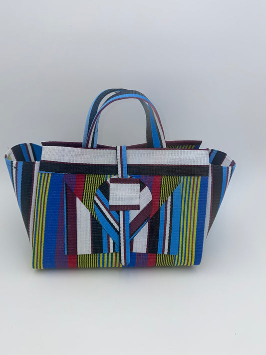 Africana Large handwoven tote bag by SCRUBIES in White,Blue,Yellow,Red with Stripes design and Abstract accent pattern