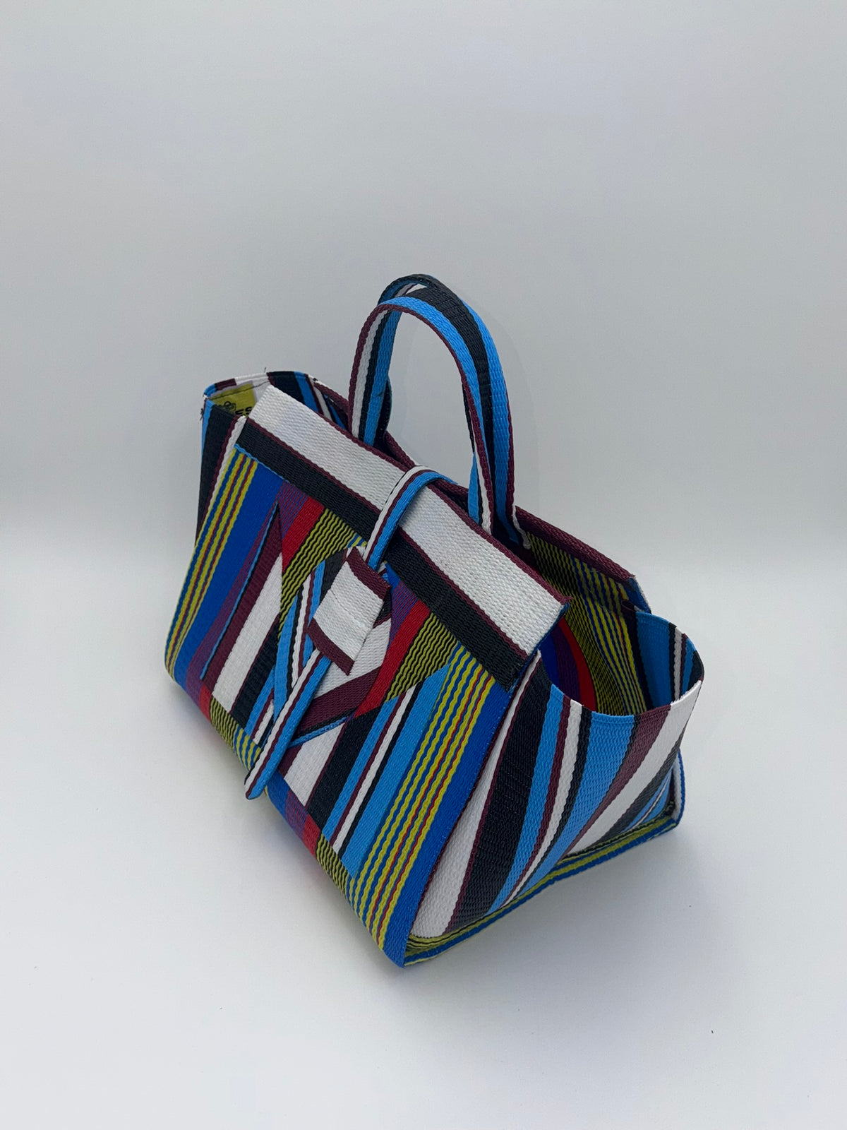 Africana Large handwoven tote bag by SCRUBIES in White,Blue,Yellow,Red with Stripes design and Abstract accent pattern