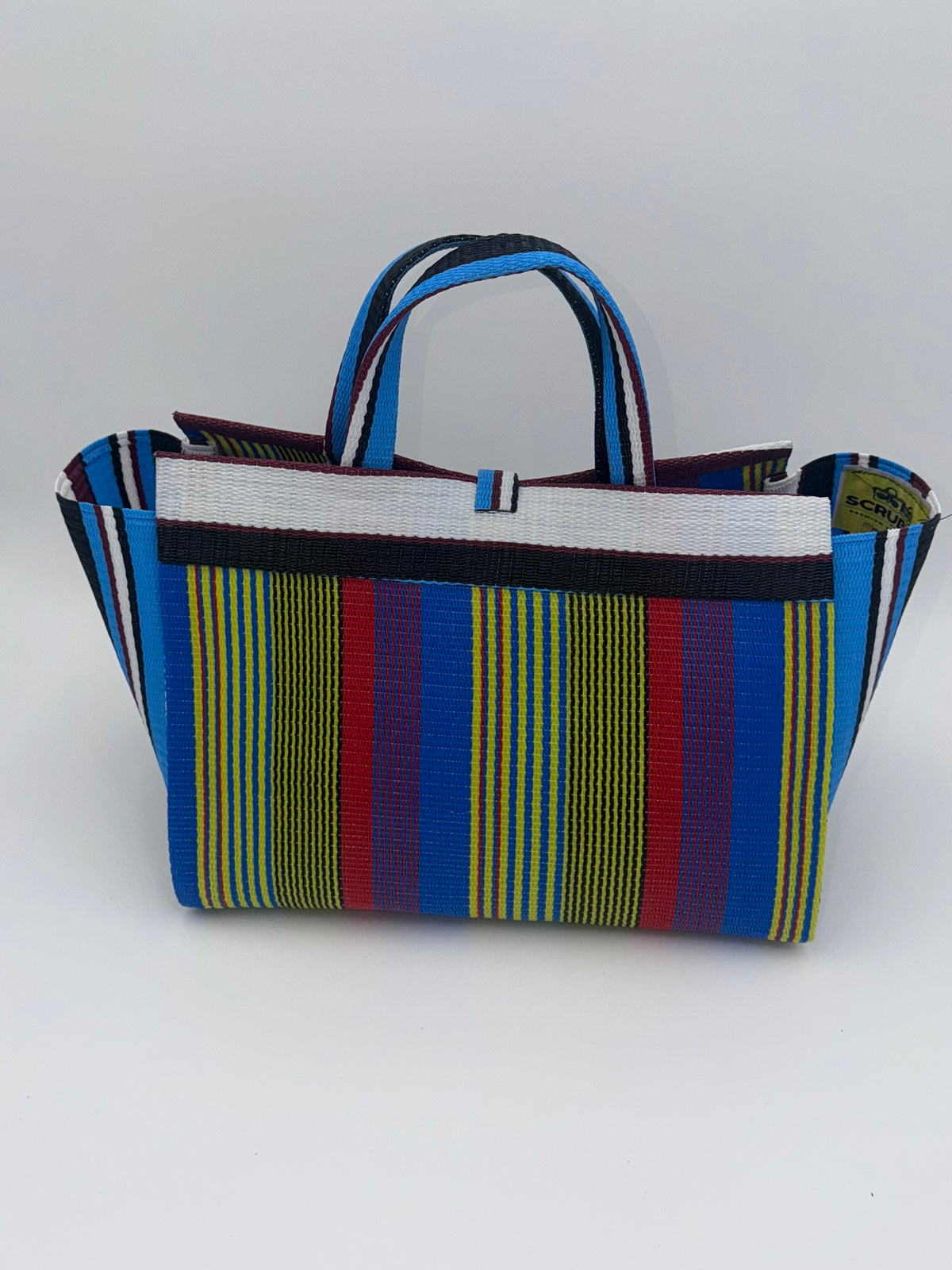 Africana Large handwoven tote bag by SCRUBIES in White,Blue,Yellow,Red with Stripes design and Abstract accent pattern