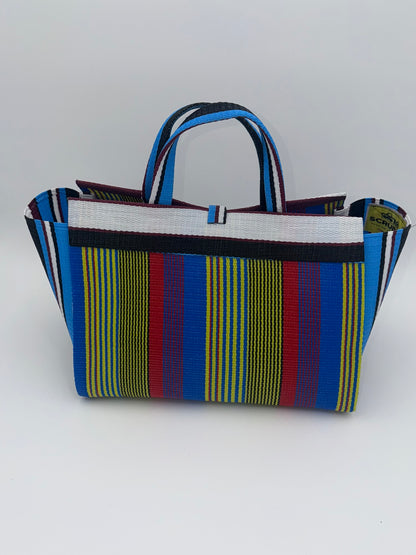 Africana Large handwoven tote bag by SCRUBIES in White,Blue,Yellow,Red with Stripes design and Abstract accent pattern
