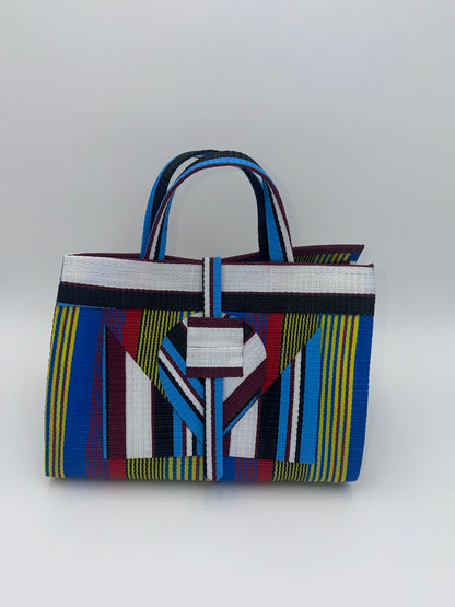 Africana Large handwoven tote bag by SCRUBIES in White,Blue,Yellow,Red with Stripes design and Abstract accent pattern