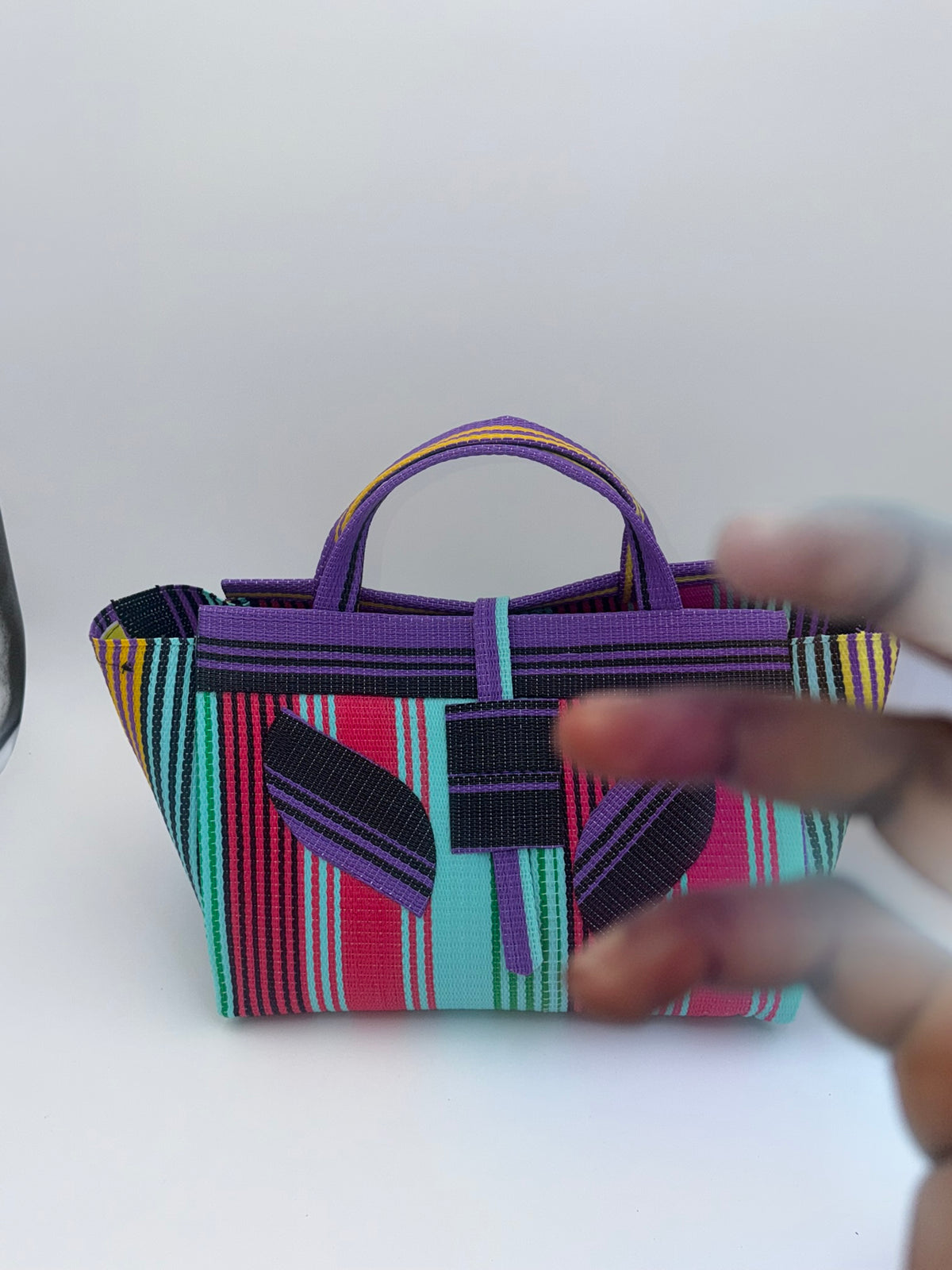 Africana Large handwoven tote bag by SCRUBIES in White,Blue,Yellow,Red with Stripes design and Abstract accent pattern