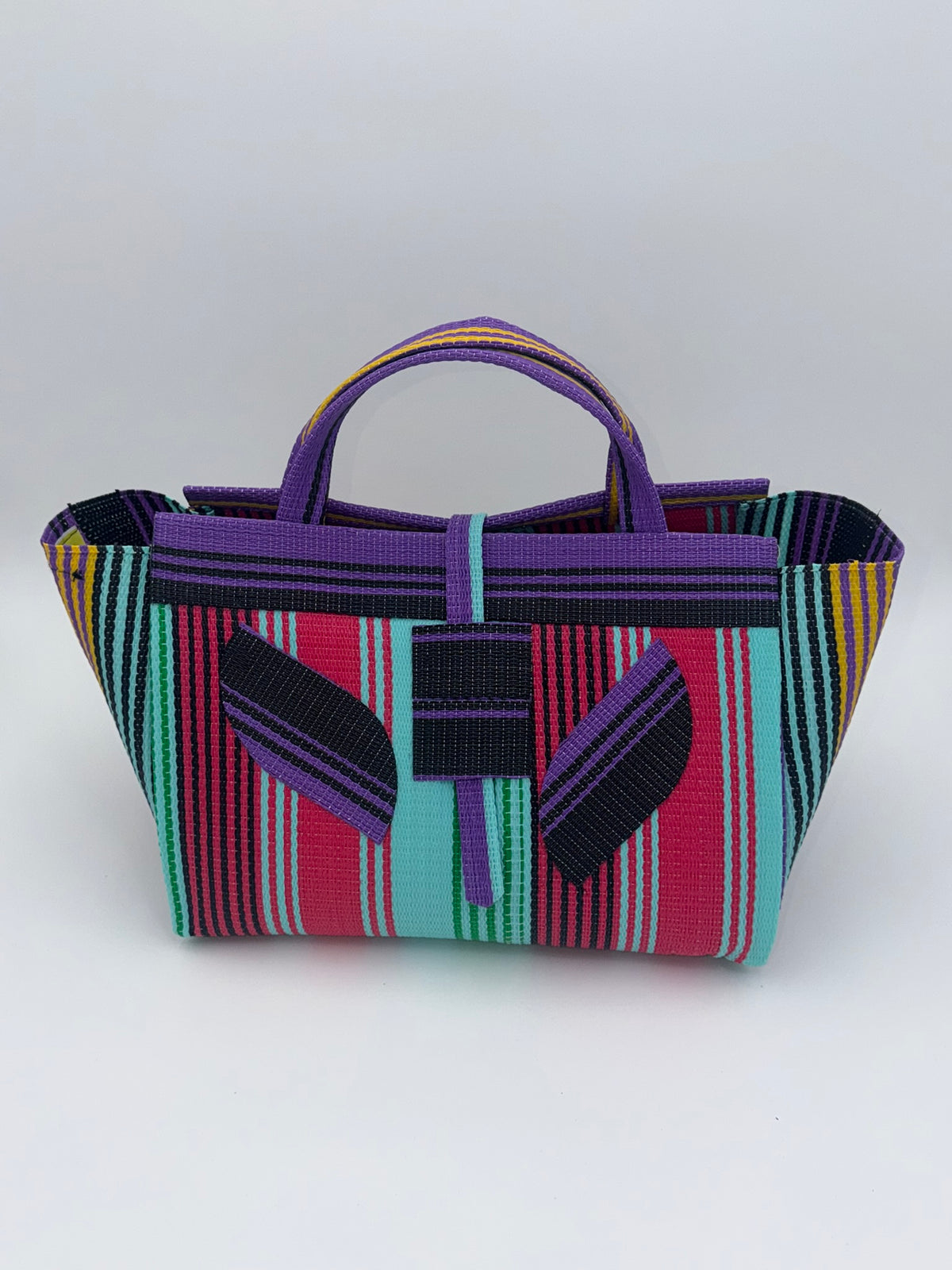 Candy Large handwoven tote bag by SCRUBIES in Teal,Purple,Pink,Black with Stripes design and Leaf accent pattern