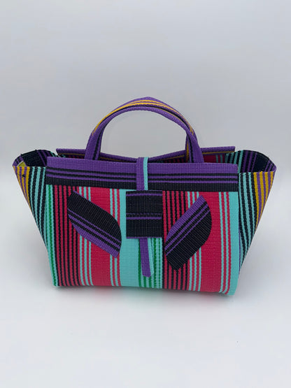 Candy Large handwoven tote bag by SCRUBIES in Teal,Purple,Pink,Black with Stripes design and Leaf accent pattern