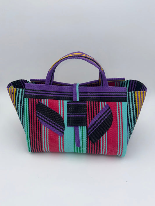 Candy Large handwoven tote bag by SCRUBIES in Teal,Purple,Pink,Black with Stripes design and Leaf accent pattern