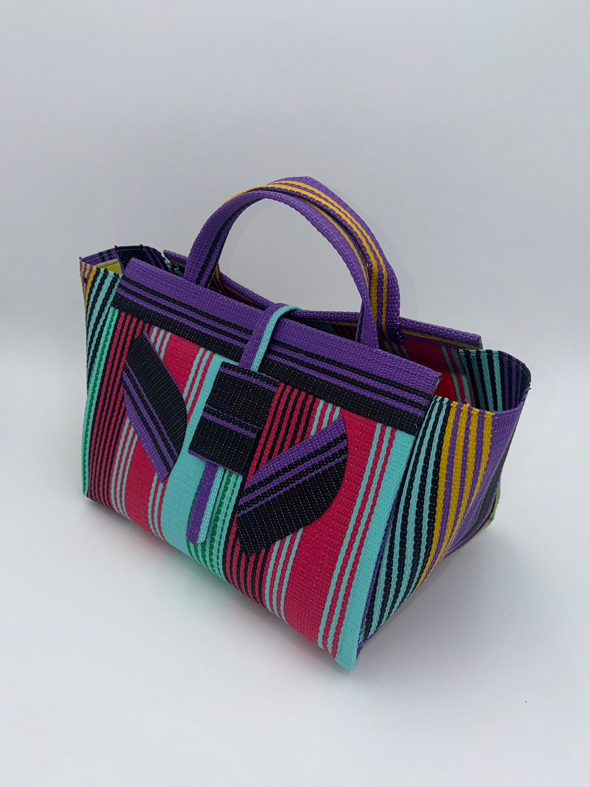 Candy Large handwoven tote bag by SCRUBIES in Teal,Purple,Pink,Black with Stripes design and Leaf accent pattern