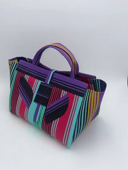 Candy Large handwoven tote bag by SCRUBIES in Teal,Purple,Pink,Black with Stripes design and Leaf accent pattern