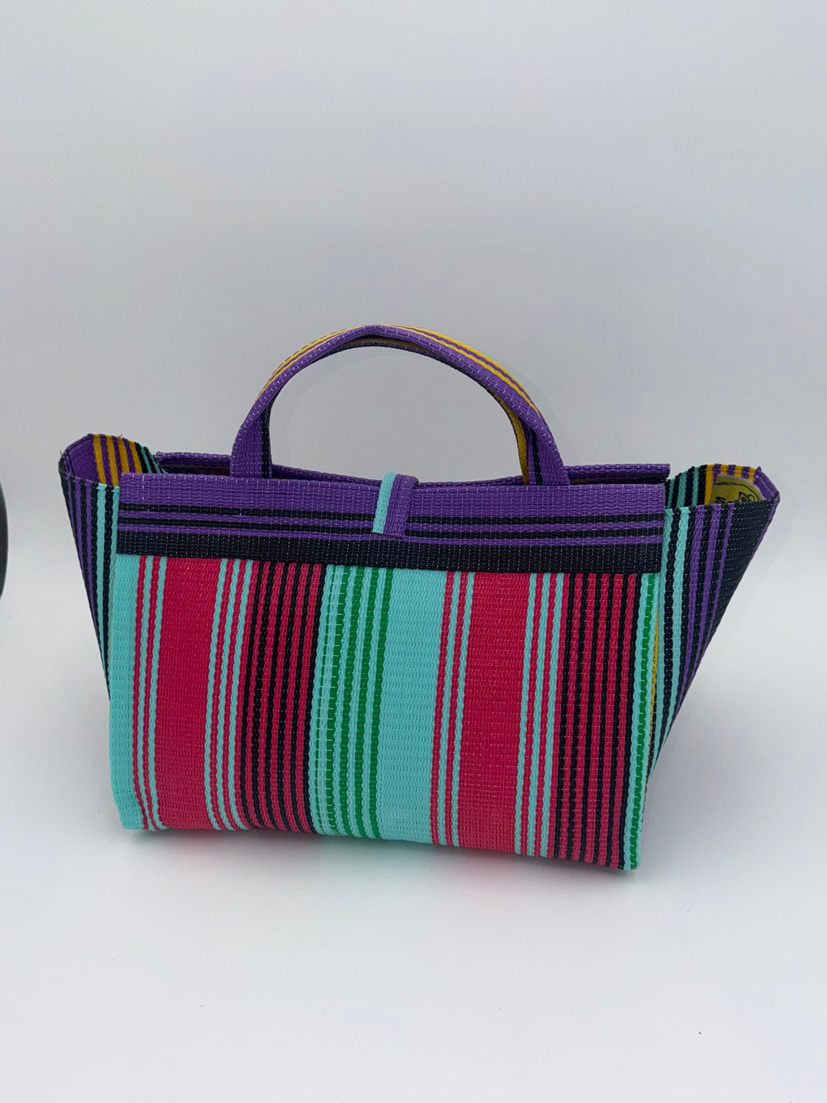 Candy Large handwoven tote bag by SCRUBIES in Teal,Purple,Pink,Black with Stripes design and Leaf accent pattern