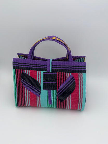 Candy Large handwoven tote bag by SCRUBIES in Teal,Purple,Pink,Black with Stripes design and Leaf accent pattern