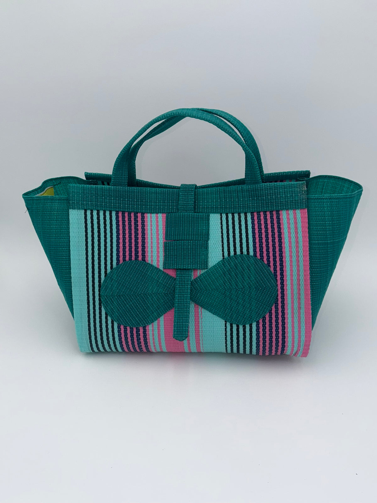Candy Large handwoven tote bag by SCRUBIES in Green,Teal,Pink with Stripes design and Bow accent pattern