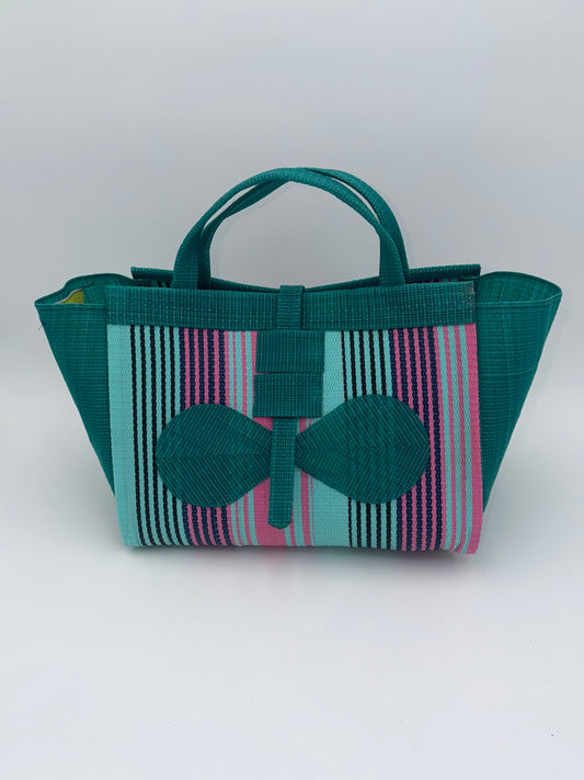 Candy Large handwoven tote bag by SCRUBIES in Green,Teal,Pink with Stripes design and Bow accent pattern