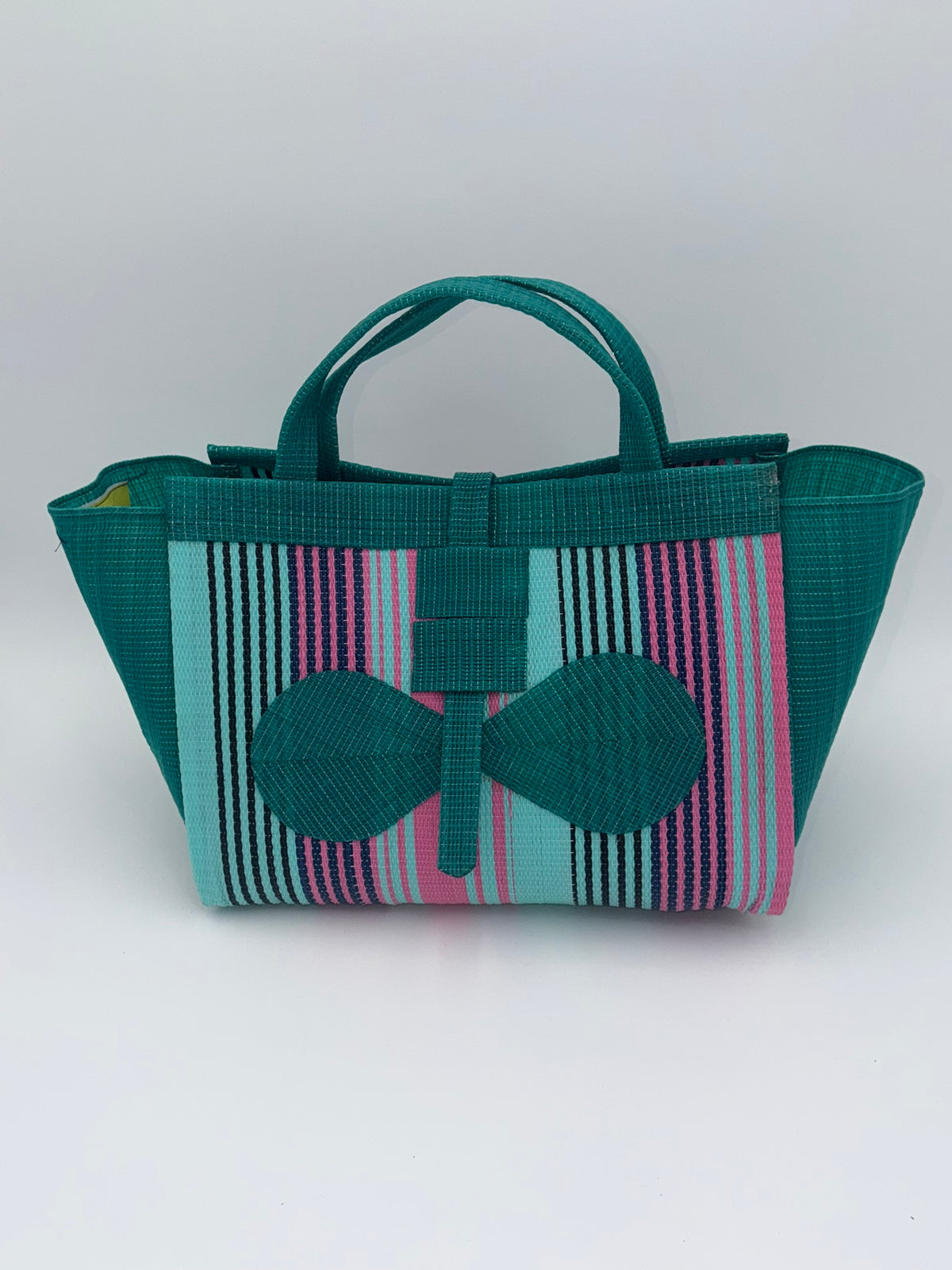 Candy Large handwoven tote bag by SCRUBIES in Green,Teal,Pink with Stripes design and Bow accent pattern