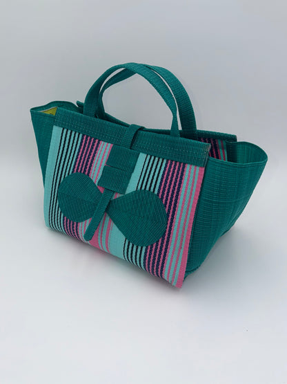 Candy Large handwoven tote bag by SCRUBIES in Green,Teal,Pink with Stripes design and Bow accent pattern