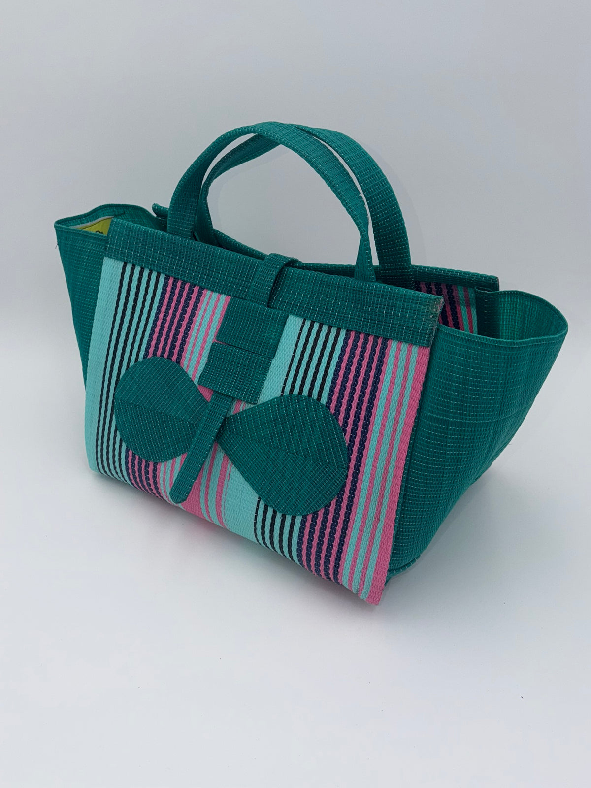 Candy Large handwoven tote bag by SCRUBIES in Green,Teal,Pink with Stripes design and Bow accent pattern