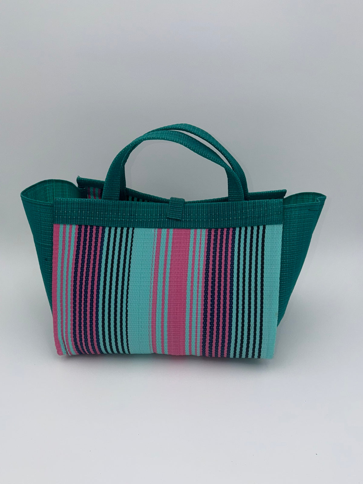 Candy Large handwoven tote bag by SCRUBIES in Green,Teal,Pink with Stripes design and Bow accent pattern