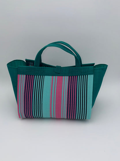 Candy Large handwoven tote bag by SCRUBIES in Green,Teal,Pink with Stripes design and Bow accent pattern