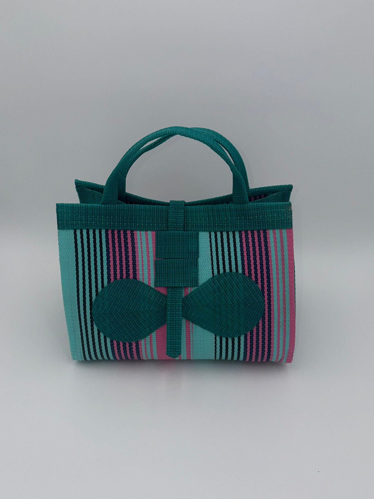 Candy Large handwoven tote bag by SCRUBIES in Green,Teal,Pink with Stripes design and Bow accent pattern