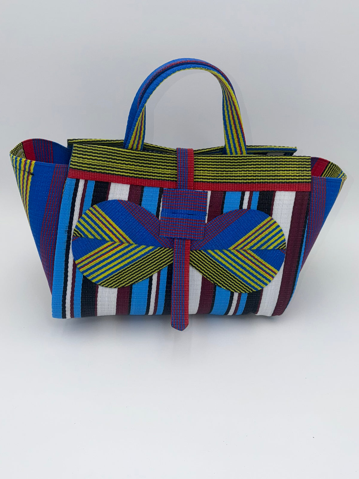 Boho Large handwoven tote bag by SCRUBIES in Yellow,Blue,White,Red with Stripes design and Bow accent pattern