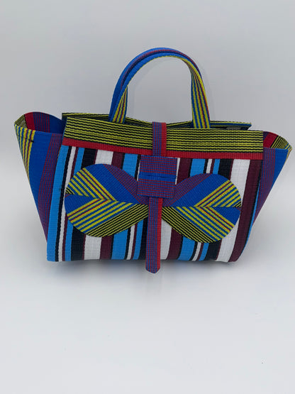 Boho Large handwoven tote bag by SCRUBIES in Yellow,Blue,White,Red with Stripes design and Bow accent pattern