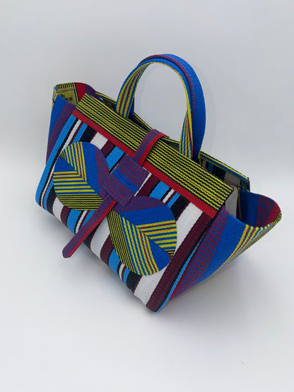 Boho Large handwoven tote bag by SCRUBIES in Yellow,Blue,White,Red with Stripes design and Bow accent pattern