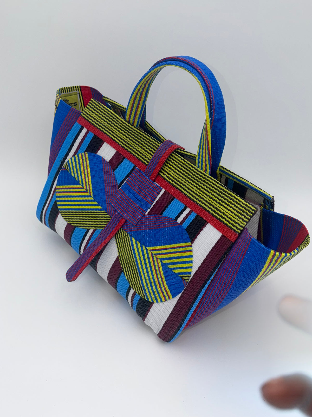 Boho Large handwoven tote bag by SCRUBIES in Yellow,Blue,White,Red with Stripes design and Bow accent pattern