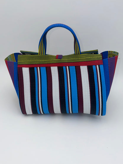 Boho Large handwoven tote bag by SCRUBIES in Yellow,Blue,White,Red with Stripes design and Bow accent pattern
