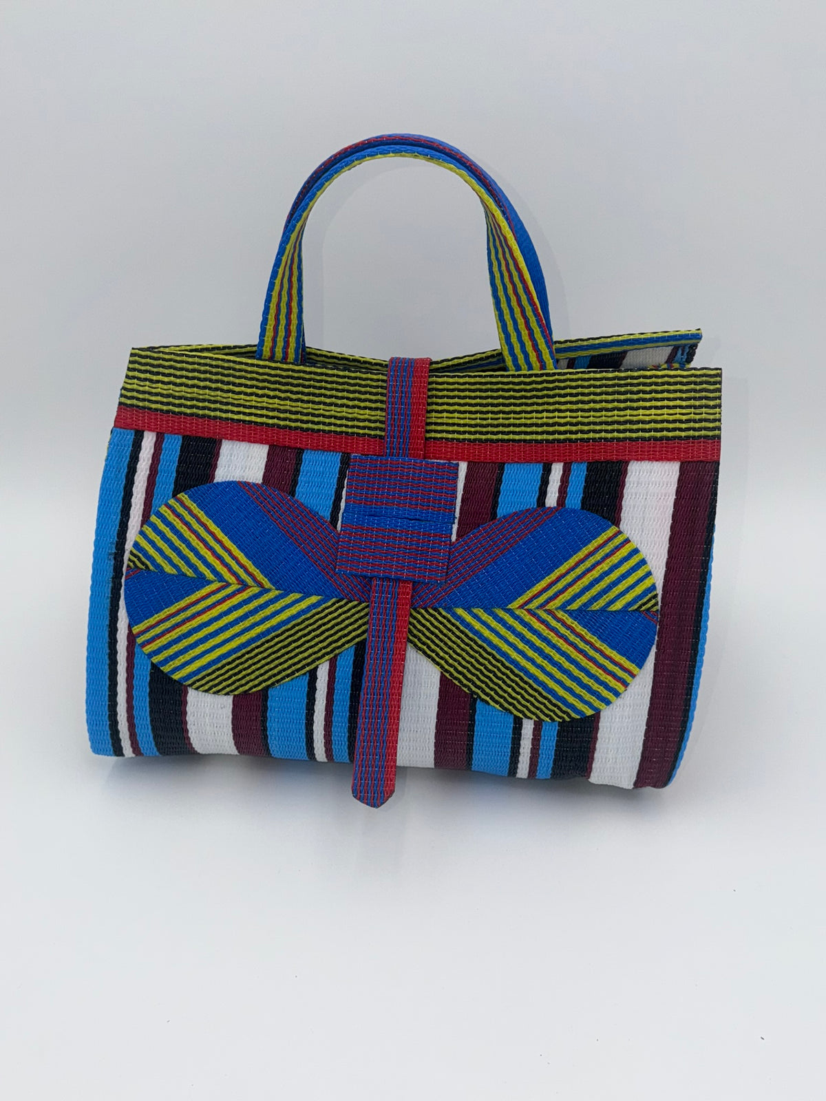 Boho Large handwoven tote bag by SCRUBIES in Yellow,Blue,White,Red with Stripes design and Bow accent pattern